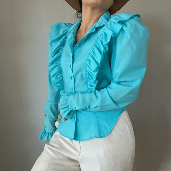 vtg 70s western button blouse large ruffle collared puff sleeves victorian small - Picture 5 of 10